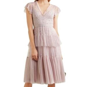NEEDLE & THREAD Anthropologie Mirage Lilac Fairycore Beaded Tulle Midi Dress 10